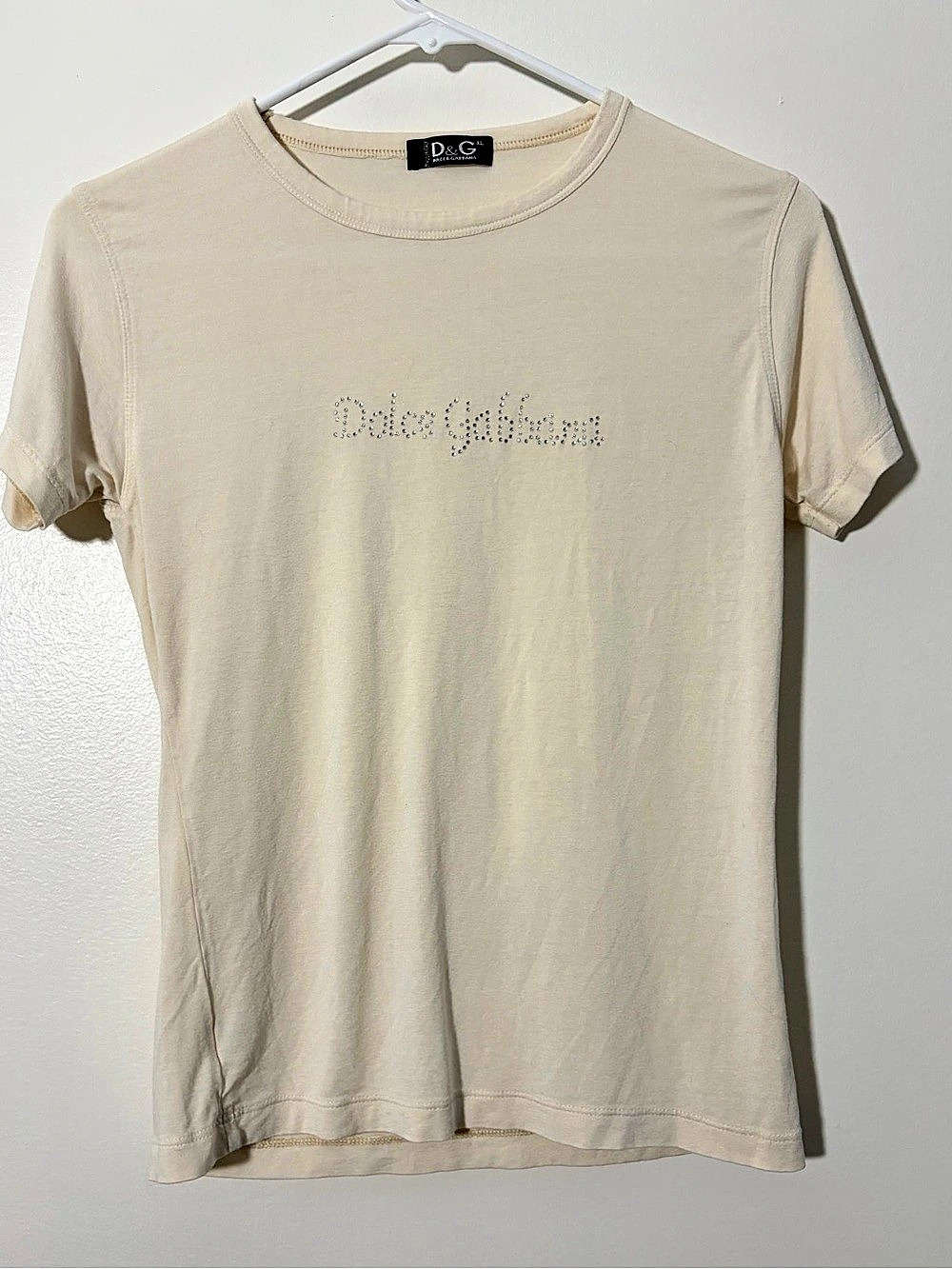 D&G Rhinestone Logo Cream Fitted T-Shirt Tagged XL